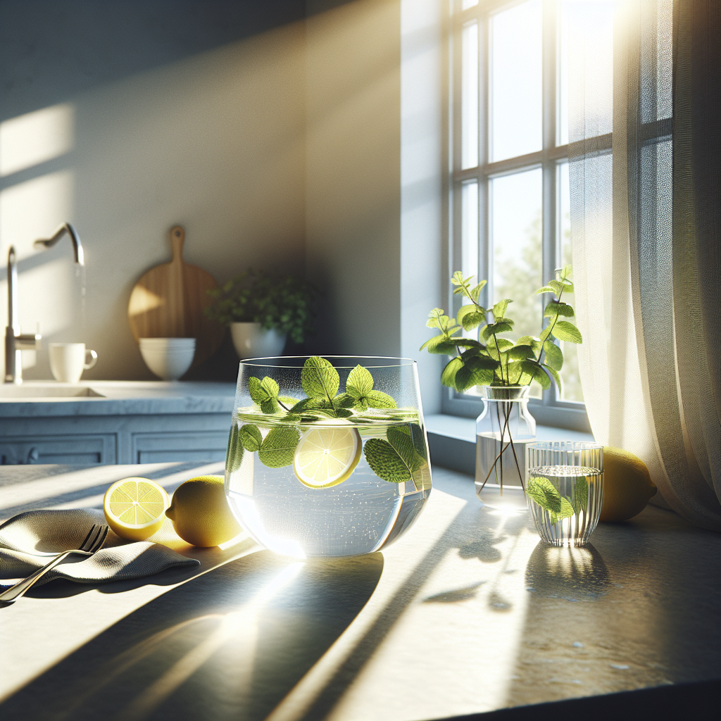 A bright and airy kitchen. Sunlight streams through an open window, illuminating a countertop where a clear glass bowl holds water, lemon slices, and a few mint leaves. A subtle, refreshing breeze is suggested by lightly swaying sheer curtains. The image should convey a sense of natural freshness, cleanliness, and peace. Realistic photography.