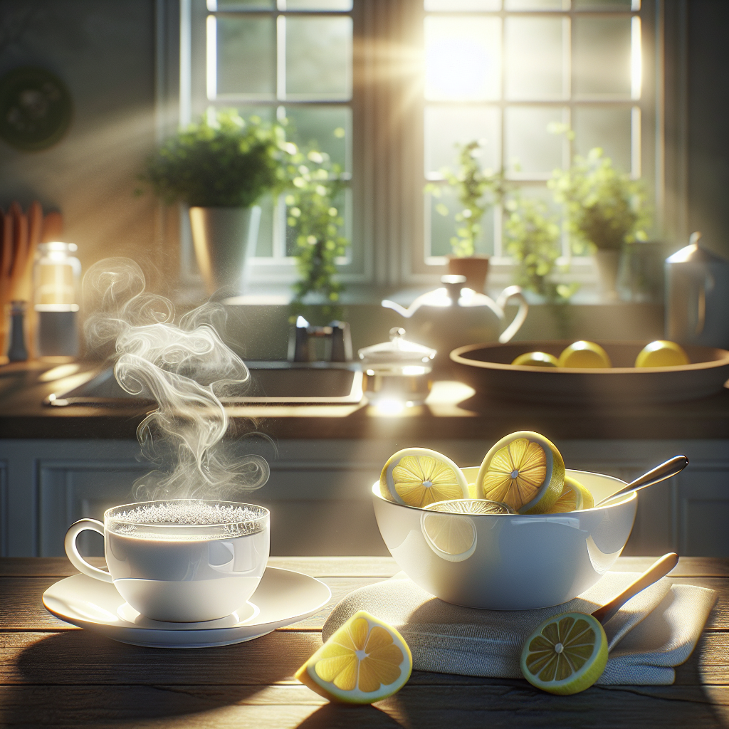 A bright, inviting kitchen scene after cooking. On a clean counter, there's a small white bowl with fresh lemon slices, a steaming cup of coffee, and a subtle glass bowl with clear liquid (representing vinegar water). Sunlight streams through a window, highlighting a sense of freshness and a clean atmosphere, symbolizing natural odor removal.