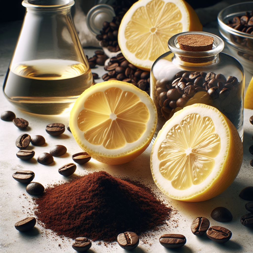 A close-up, artful still life featuring natural home remedies for kitchen odors. Vibrant yellow lemon halves and slices are arranged next to a small heap of dark roasted coffee beans and ground coffee. In the background, a clear glass bottle of white vinegar is subtly visible. The composition is clean and well-lit, emphasizing the textures and natural origin of these odor-neutralizing ingredients.