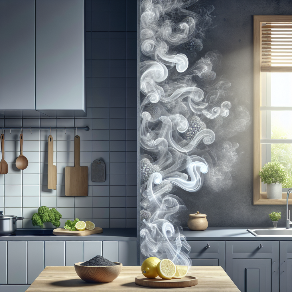 A modern kitchen scene where subtle, swirling grey smoke visually represents lingering cooking odors on one side. On the other side, a stream of clear, fresh air enters through an open window, while a bowl of fresh lemon slices and a small dish of coffee grounds sit neatly on the counter, symbolizing natural odor neutralization. Realistic, inviting atmosphere, clean aesthetic.