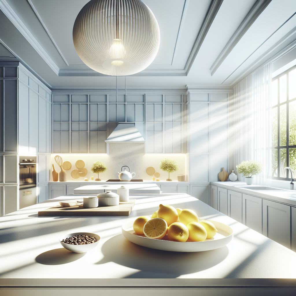 A bright, immaculate kitchen interior, radiating a sense of absolute freshness and cleanliness. Sunlight streams in through a large open window, creating a breezy, airy feel. On the kitchen island, a simple, elegant display of a bowl with fresh lemon slices and a small, decorative dish of coffee beans, subtly hinting at natural odor remedies. High key lighting, minimalist aesthetic, focus on a refreshing and pleasant atmosphere.