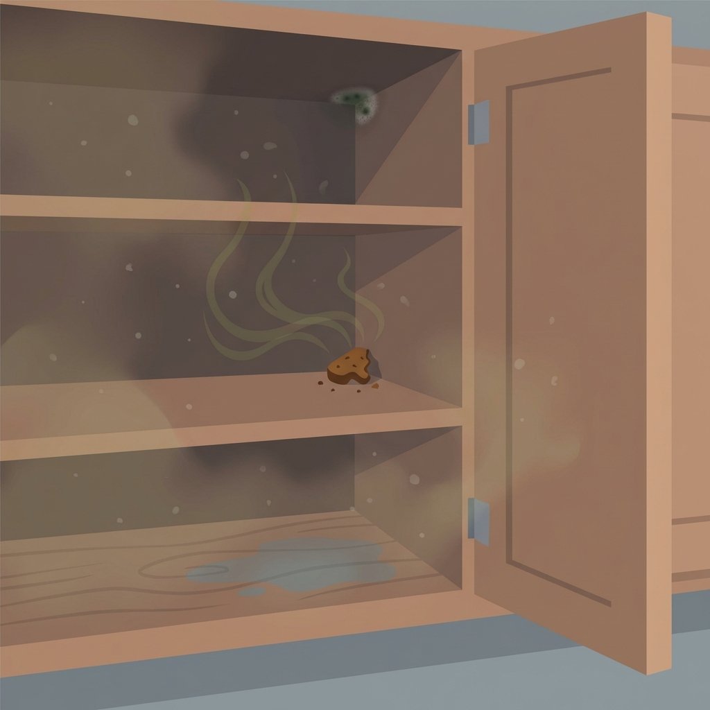 A detailed flat illustration depicting the interior of a kitchen cabinet with its door slightly ajar. Visual elements inside the cabinet represent common causes of unpleasant smells: subtle green-brown swirling odor lines emanating from a small forgotten food crumb in a corner, a faint damp patch on a shelf, and a barely visible mold spot in another crevice. The overall atmosphere feels slightly murky and stagnant, conveying a sense of trapped, undesirable odors. The style is clean vector art with soft, muted colors.