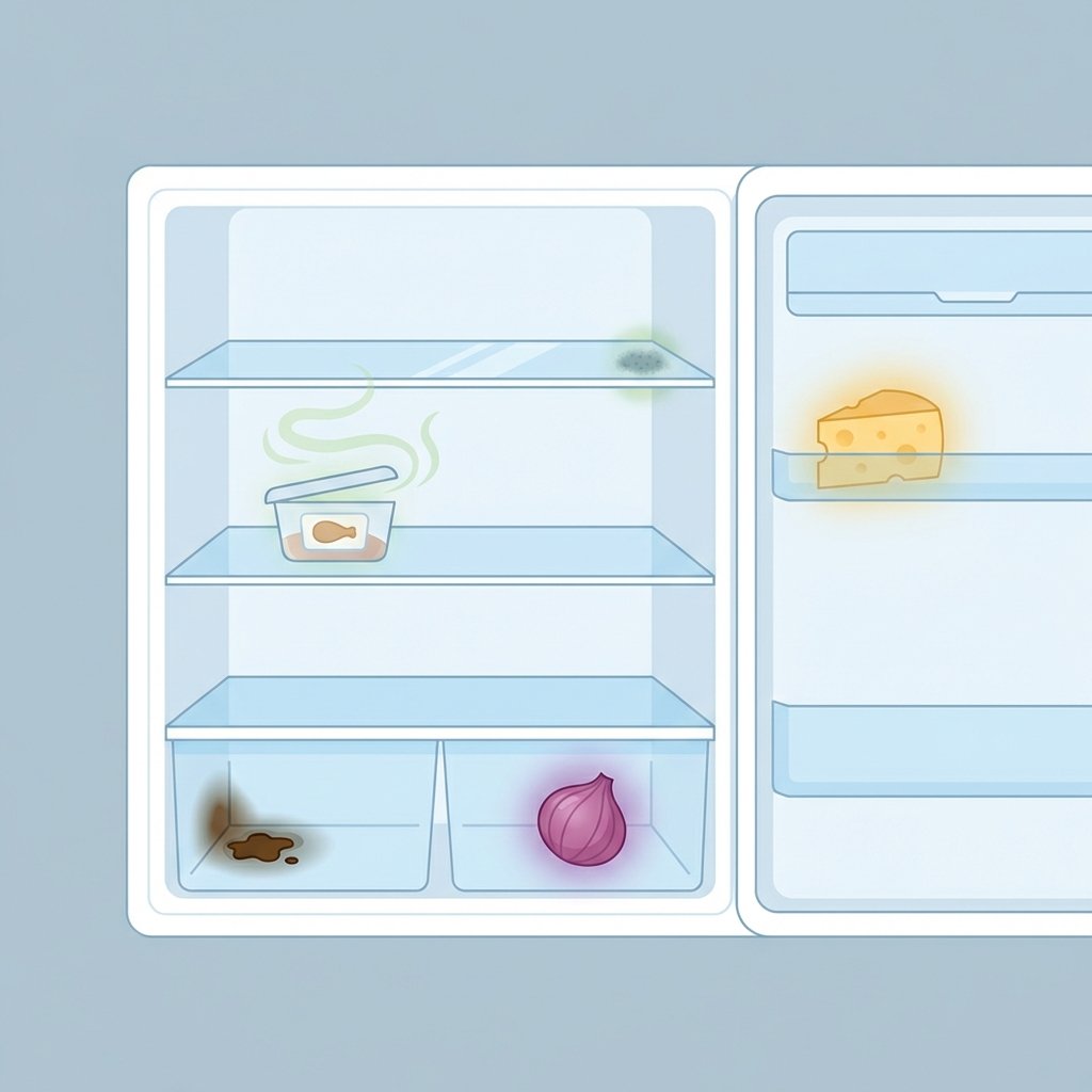 A clean, stylized cross-section illustration of a refrigerator interior. Inside, various subtle elements represent common causes of odors: a forgotten, slightly-open container of old food emitting faint green wisps, a small, dark stain in a corner symbolizing a spill, and a barely visible mold spot on a shelf. A few strong-smelling items like a block of cheese or a single onion are depicted with a gentle, non-obtrusive aura. The image conveys the sources of bad smells without making the fridge appear dirty, using a modern flat illustration style.