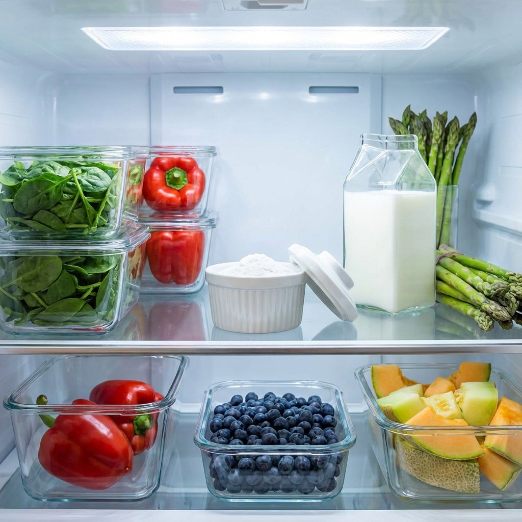 A professional, bright photo of the inside of a clean, modern refrigerator. On one of the central shelves, a small, white ceramic bowl or ramekin filled with baking soda is placed prominently. Surrounding it are neatly organized, fresh-looking food items like vibrant green vegetables, colorful fruits in clear containers, and perhaps a fresh carton of milk. The scene emphasizes freshness and cleanliness, with the baking soda as a simple, natural solution. The lighting is soft and inviting, highlighting the pristine environment.