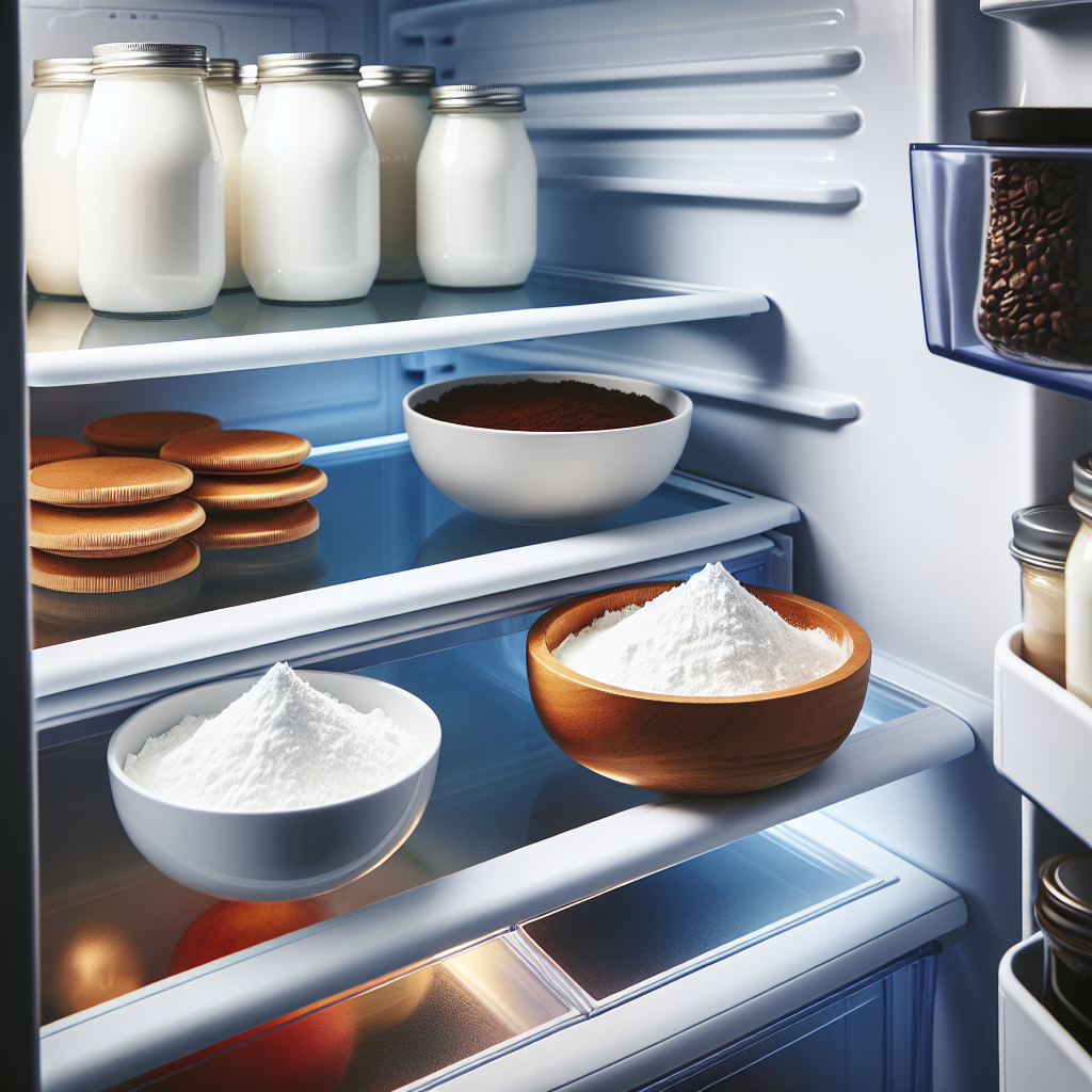 Ein strahlend sauberer und gut organisierter Kühlschrank von innen. Auf einem Regal steht eine kleine, offene Schale mit weißem Natronpulver, und auf einem anderen Regal eine kleine offene Schale mit frischem Kaffeesatz. Der Kühlschrank ist hell beleuchtet und betont Frische und Sauberkeit.