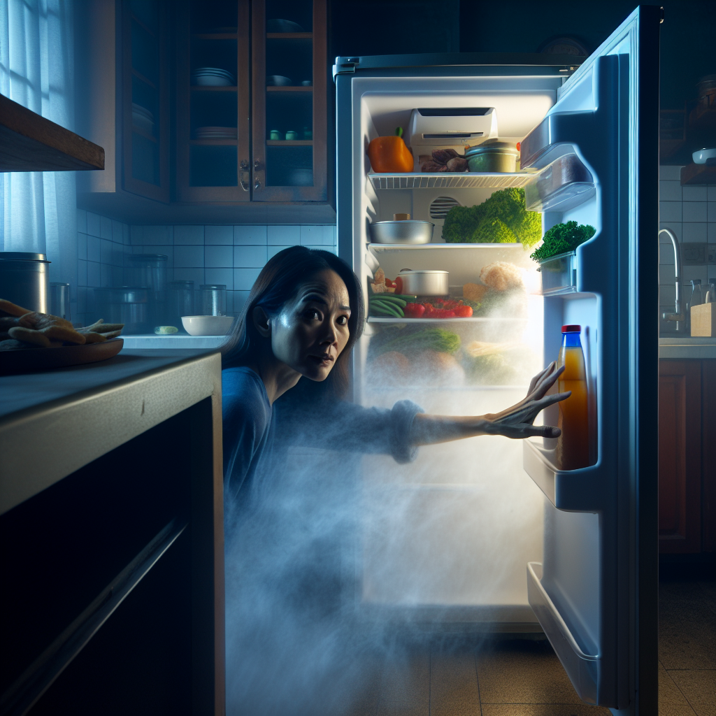 A hyperrealistic photograph of an open refrigerator door, revealing a slightly neglected interior with some forgotten food items and a subtle, unpleasant haze emanating from within. A hand is reaching towards the door, and the person's expression (partially visible) shows a mild grimace, indicating the bad smell. Natural kitchen lighting, detailed and realistic.