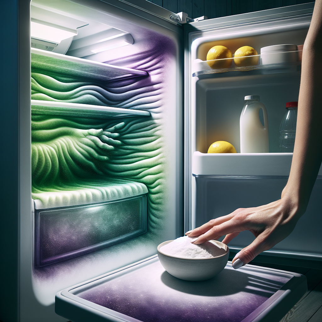 A slightly open modern refrigerator door, from which faint, wavy purple or green 'stink lines' subtly rise, indicating a bad odor. A person's hand is reaching in to place a small, open bowl of white baking soda and a few fresh lemon slices on a shelf inside. The fridge interior looks somewhat cluttered but not overly dirty, highlighting the need for odor neutralization. Realistic photo, soft natural light.