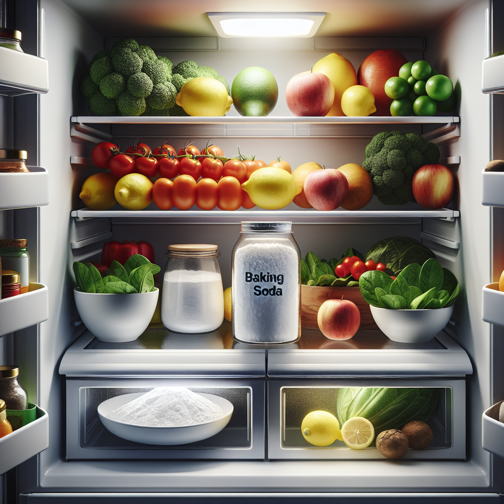A sparkling clean and well-organized modern refrigerator interior. Fresh, vibrant fruits and vegetables are neatly arranged on shelves. Prominently placed on one shelf is a small, open container of white baking soda powder next to a small dish with fresh coffee grounds and a bowl with a few lemon slices, representing natural odor neutralizers. Bright, inviting lighting, realistic photography, focus on freshness and cleanliness.