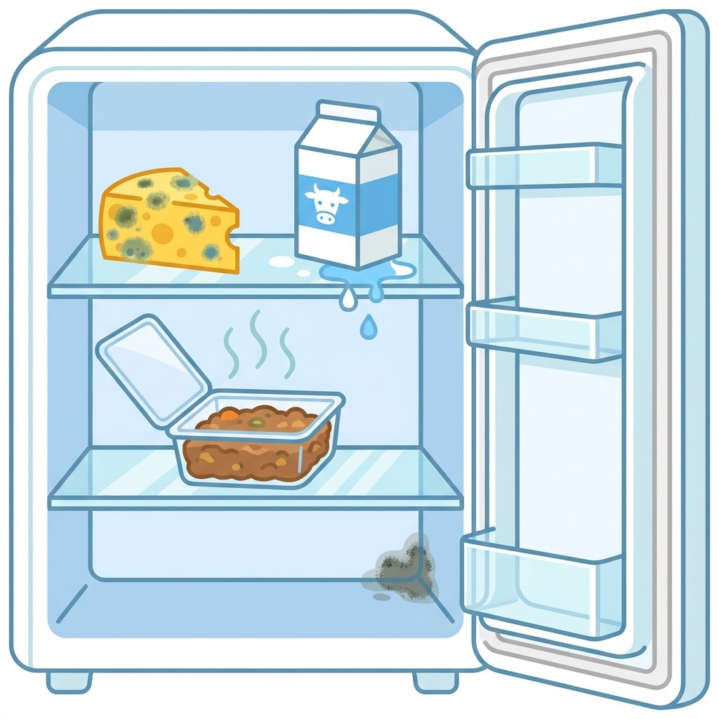 A vibrant flat illustration of an open refrigerator interior, depicting various sources of bad odors. On one shelf, a piece of green-molded cheese sits next to a leaking carton of milk, with a few drops visible on the shelf below. Another shelf holds an open, uncovered container of old leftovers, emitting subtle, illustrative wavy lines to symbolize a smell. A dark, small patch of mold is visible in a corner near the door seal. The overall scene should convey a sense of a neglected fridge needing a refresh, with a clean, inviting aesthetic despite the subject matter.
