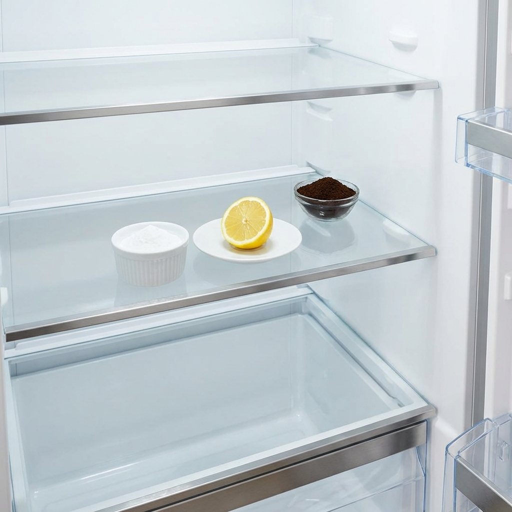 A professional, brightly lit photo of a sparkling clean refrigerator interior. The shelves are neatly arranged with natural odor-absorbing elements. A small, open bowl of baking soda is prominently placed on one shelf. Next to it, a half-cut lemon or orange sits on a small plate. Further back, a small bowl of fresh coffee grounds is visible. The fridge is empty of groceries, emphasizing its pristine cleanliness. The overall aesthetic is fresh, hygienic, and inviting, suggesting a successful odor removal process, suitable for a DIY guide or lifestyle blog.