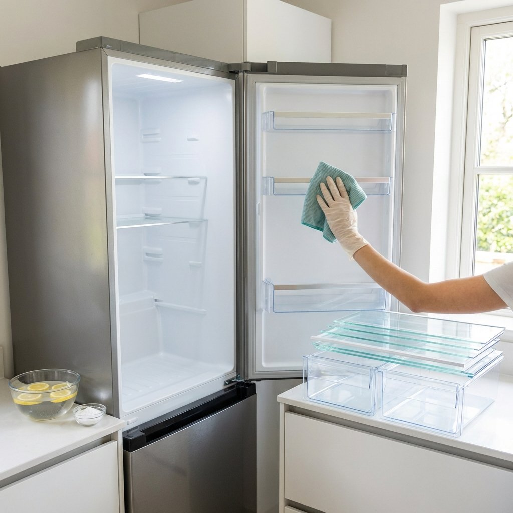 A clean and professional photo illustrating the active process of deep cleaning a refrigerator. The fridge door is wide open, revealing an empty, spotless interior on one side, and on the other, a person's hands are shown diligently wiping down a shelf or drawer with a microfiber cloth and a bowl of cleaning solution (perhaps with lemon slices or baking soda for visual freshness cues) nearby. Removed shelves and drawers are stacked neatly beside the fridge, indicating the thoroughness of the cleaning. The lighting should be bright and inviting, emphasizing cleanliness and a fresh start.