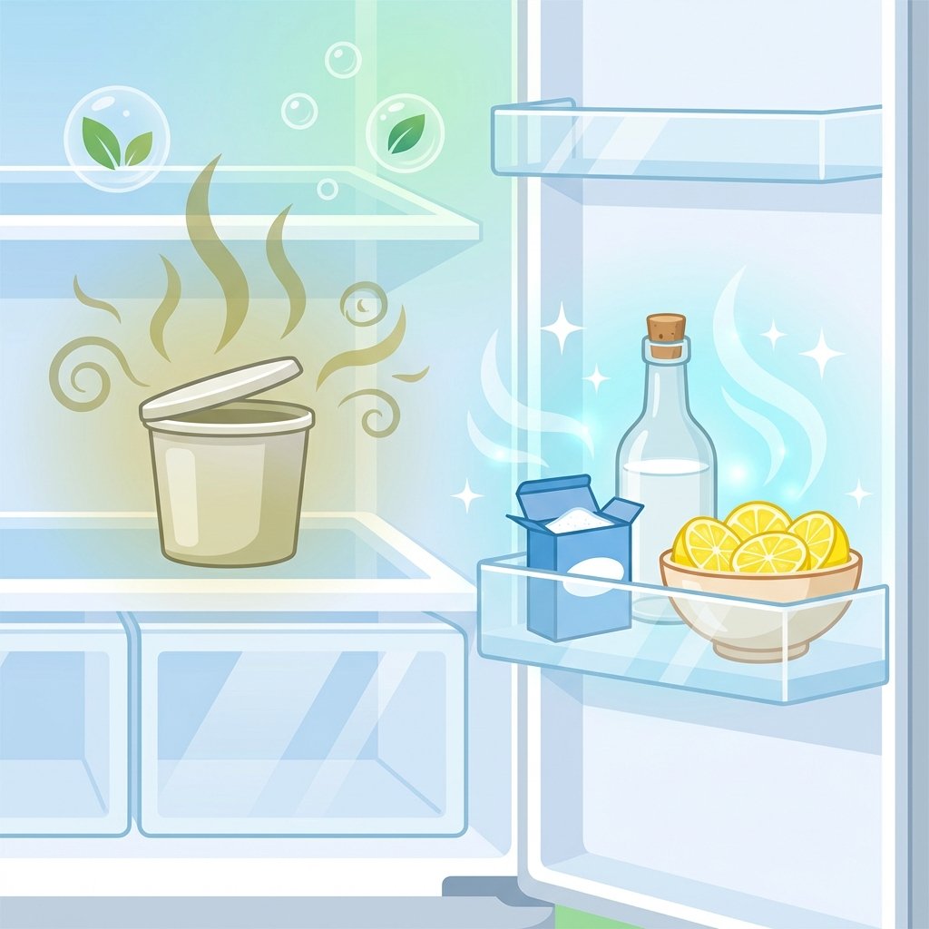 A vibrant, clean flat illustration showing the interior of a modern refrigerator. On one side, subtle, stylized wavy lines emanate from a slightly open container or an obscured spoiled item, representing an unpleasant odor. On the other side, various natural remedies are visually presented as solutions: a clear bottle of white vinegar, an open box or small bowl of baking soda, and a bowl of sliced lemons. These elements radiate a sense of cleanliness and odor neutralization, with gentle 'freshness' wisps. The background is bright and inviting, emphasizing the transformation from an odor problem to a fresh, clean space. The overall aesthetic is professional and welcoming for a blog.