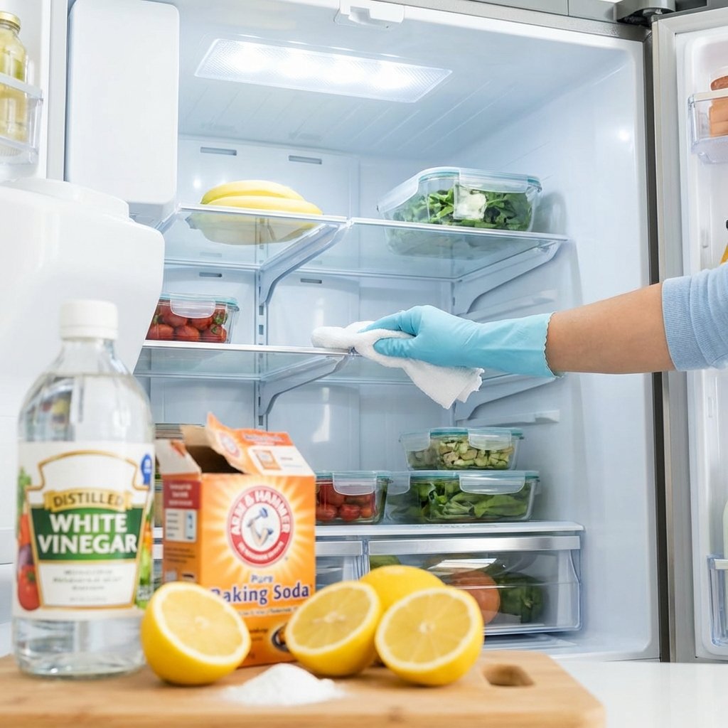 A bright, high-quality professional photo from a slightly elevated angle, capturing a clean hand in a gentle motion wiping down a sparkling white refrigerator shelf with a soft, clean cloth. The fridge interior should appear pristine and inviting, reflecting light beautifully. In the foreground, slightly out of focus but clearly identifiable, are key home remedies: a clear glass bottle of white household vinegar, an open box of baking soda, and a few freshly cut lemon halves arranged neatly on a wooden cutting board. This image conveys a sense of hygienic cleanliness and freshness achieved through natural means.