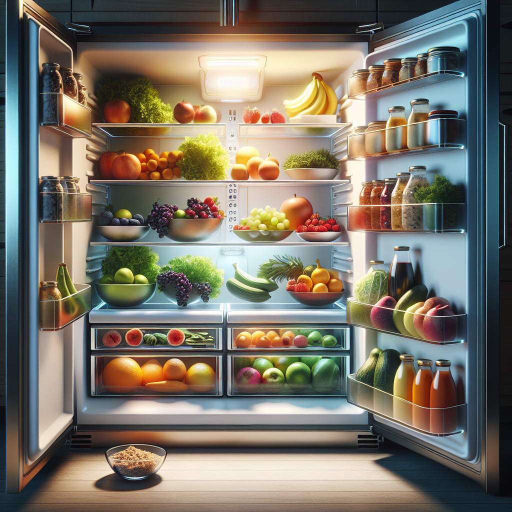 An open, immaculately clean and well-organized modern refrigerator. Inside, shelves are sparkling, filled with fresh, vibrant fruits and vegetables. A small, elegant glass bowl containing a natural odor absorber like baking soda or coffee grounds is subtly placed on a shelf. The lighting is bright and inviting, conveying a sense of freshness and hygiene. Realistic photography style.