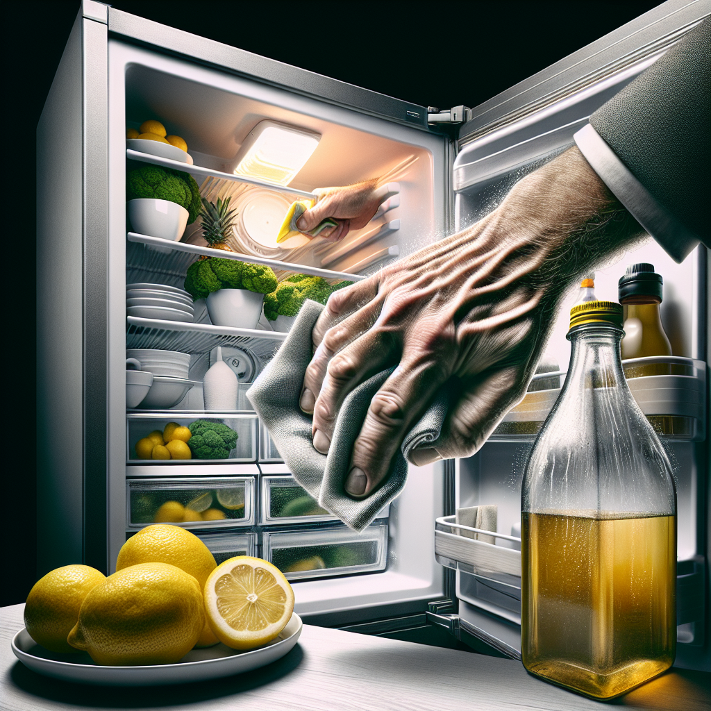 A dynamic close-up shot of a hand actively cleaning the inside of an open refrigerator with a damp cloth. A bottle of white vinegar and a bowl of fresh lemon halves are clearly visible on the counter next to the fridge, representing natural cleaning agents. The interior of the fridge, while being cleaned, shows hints of light grime being removed, transitioning to a clean surface. Warm, practical lighting. Realistic photography style.