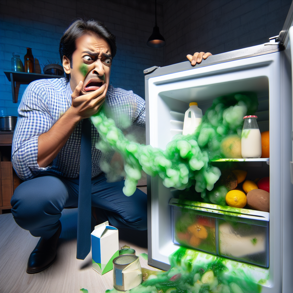 A person recoiling in disgust from an open refrigerator door, with visible cartoonish green stink fumes wafting out. Inside the fridge, some slightly spoiled food items like old milk cartons or rotting fruit are visible. The image conveys an urgent need for cleaning. Realistic, well-lit, blog article style.