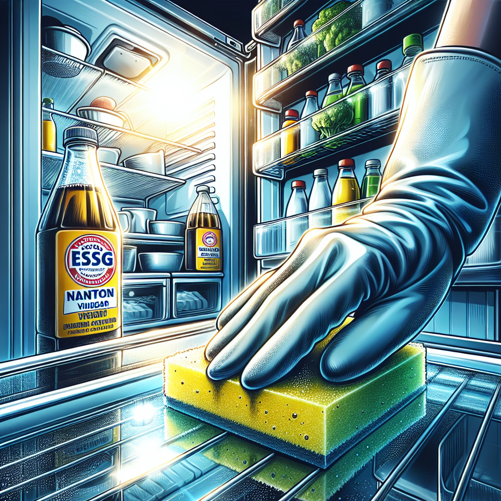A sparkling clean refrigerator interior being wiped down by a hand holding a sponge. A bottle of cleaning solution, possibly labeled 'Essig' (vinegar) or 'Natron' (baking soda), is visible on a shelf inside. The scene emphasizes freshness, cleanliness, and effective cleaning. Bright, high detail, blog article style.