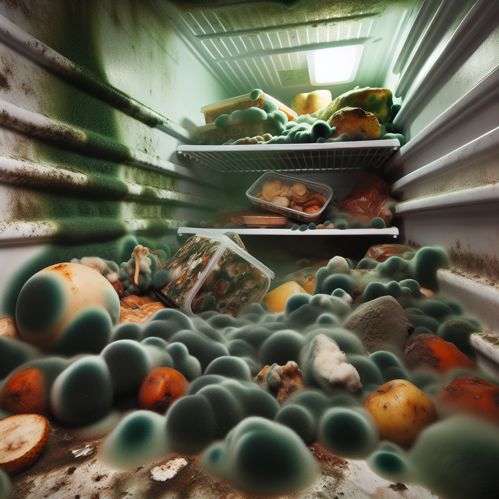 A close-up, slightly gross shot inside a neglected refrigerator. Patches of green and black mold are clearly visible on forgotten, spoiled food items like rotting fruit or vegetables, and on the interior walls. A subtle, unpleasant greenish-grey vapor or mist visually emanates from the molded areas, representing a strong, bad smell. The lighting is dim, emphasizing the grime and decay. Realistic photography.