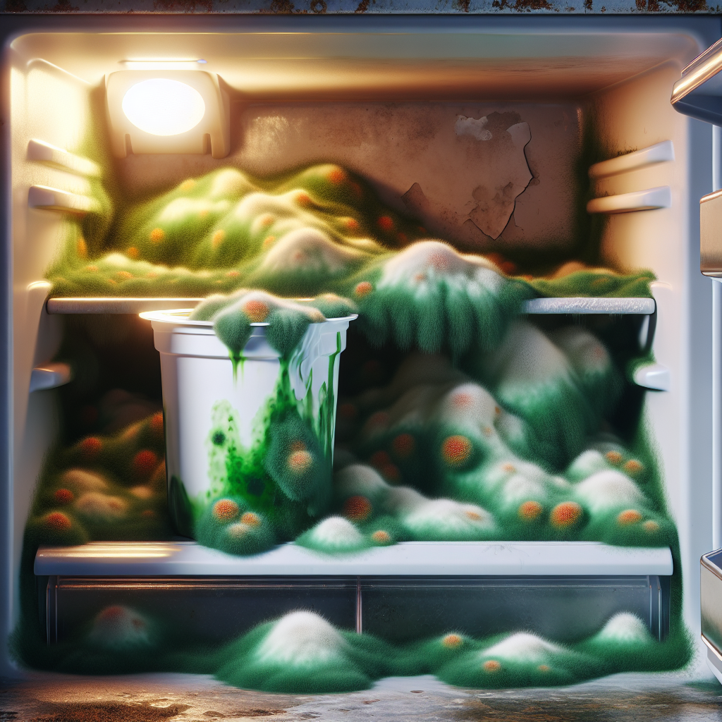 An open refrigerator door, revealing a forgotten, old yogurt cup in the back with visible green and white mold growing on it. The interior of the fridge looks slightly neglected, with a subtle, unpleasant greenish haze around the mold, conveying a strong, musty odor. Realistic, detailed, slightly disturbing, dim lighting.