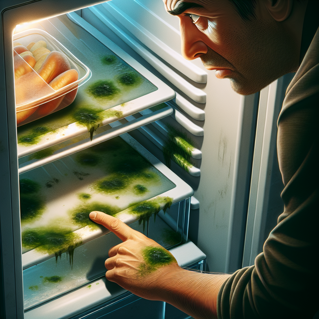 A close-up inside a refrigerator showing a dirty shelf with a small, visible patch of green mold in a corner. The overall impression is unkempt and slightly dingy, hinting at an unpleasant odor. A hand is hesitantly opening the door. Realistic photo, focus on the griminess and an unappetizing atmosphere.