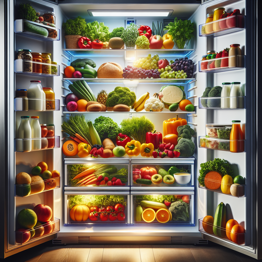 A pristine, brightly lit refrigerator interior, meticulously organized with vibrant, fresh produce, dairy products, and other healthy foods. The shelves gleam, reflecting cleanliness and hygiene. Soft, inviting light highlights the fresh colors, emphasizing health and order. Realistic, modern kitchen style.