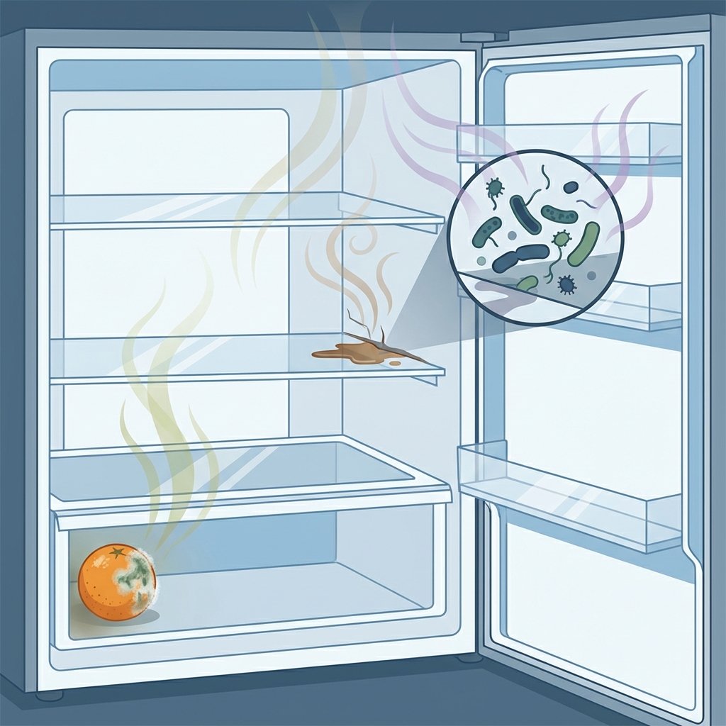 A detailed infographic-style illustration depicting the interior of a refrigerator. Various elements are visibly contributing to bad odors: a slightly moldy piece of fruit in a forgotten corner, a small pool of spilled liquid subtly seeping into a shelf crack, and a microscopic-level visual representation of bacteria or mold growth. Faint, ethereal wavy lines emanate from these sources to visually symbolize the unpleasant smell. The overall aesthetic is clean, informative, and uses a limited color palette to highlight the problem areas within the fridge's compartments.