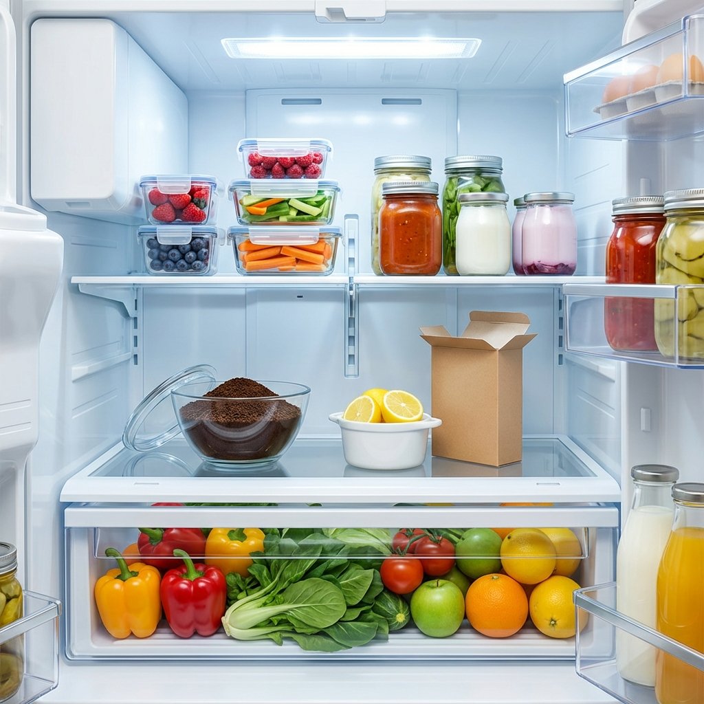 A professional photo or realistic digital illustration showcasing a sparkling clean, organized refrigerator interior. All shelves are spotless, and fresh, vibrant groceries are neatly arranged, such as colorful fruits, vegetables, and sealed containers. Prominently featured are natural odor absorbers like an open container of baking soda, a small bowl of fresh coffee grounds, and a few lemon halves, subtly placed on a shelf. The lighting is bright and inviting, conveying a sense of freshness, hygiene, and order.