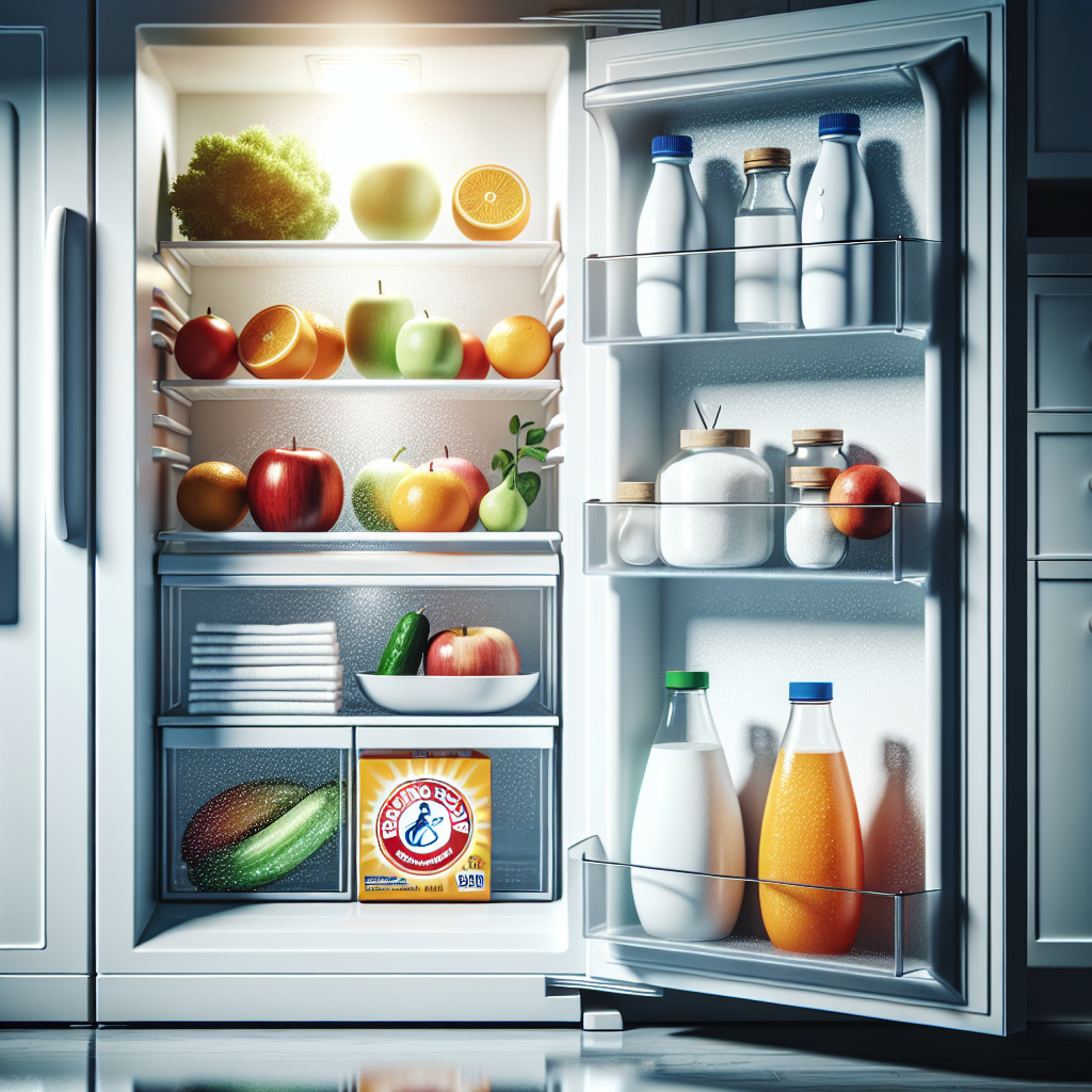 A sparkling clean, minimalist refrigerator interior, brightly lit and organized. A small open box of baking soda and a bottle of white vinegar are neatly placed on a shelf, symbolizing natural cleaning and freshness. A few vibrantly fresh fruits and vegetables are being neatly arranged, highlighting a hygienic and odor-free environment. Bright, clean aesthetic.