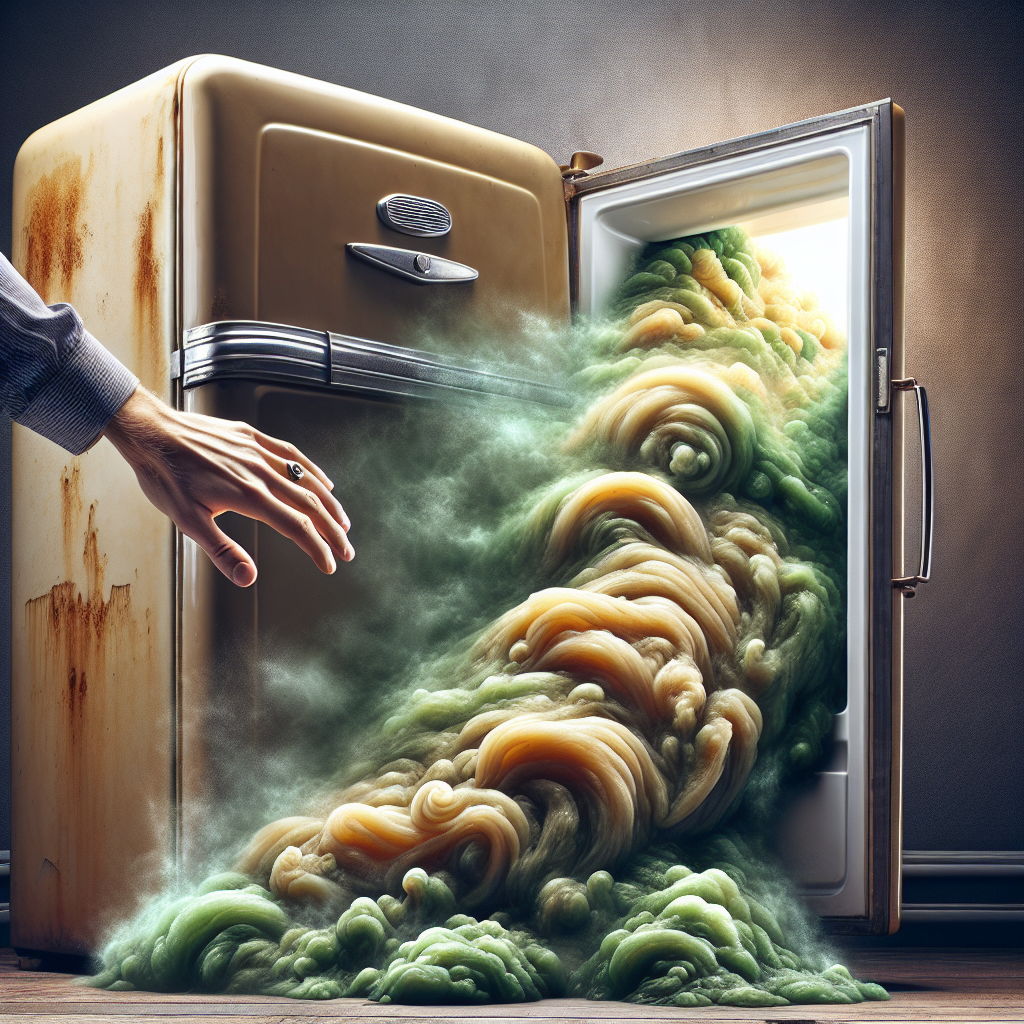 A close-up shot of an old, slightly open refrigerator door, from which a swirling, greenish-brown cloud of unpleasant odor visibly emanates. A hand is tentatively reaching to open it further, hesitating, implying disgust. Realistic photo, dramatic lighting, conveying a sense of stale air and a problem to be solved.