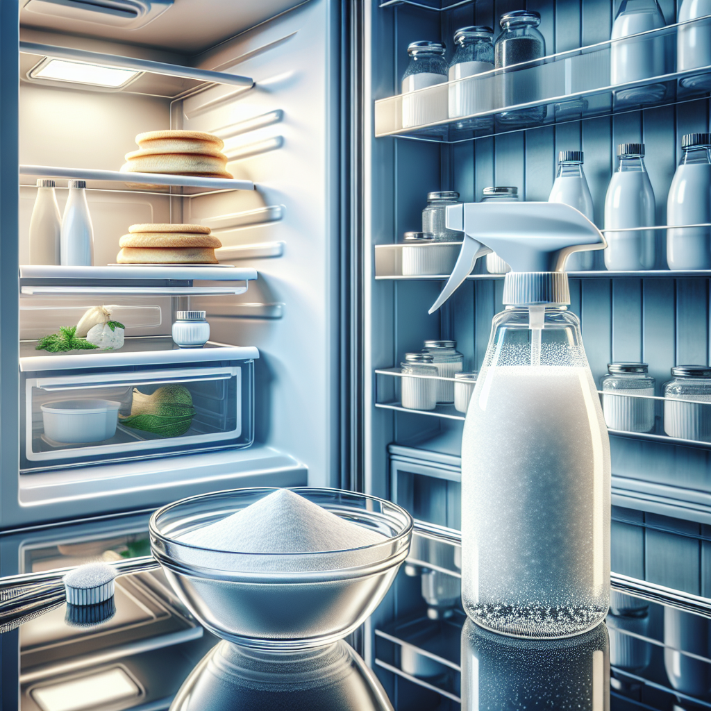 A brightly lit, sparkling clean refrigerator interior with empty, gleaming glass shelves and drawers. In the foreground, a small, elegant bowl filled with white baking soda and a clear spray bottle containing a mixture of water and vinegar are prominently displayed, symbolizing freshness and effective cleaning. Realistic photo, crisp and inviting.