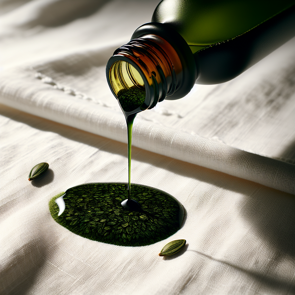 A close-up, high-detail photo of a bottle of rich, dark green pumpkin seed oil elegantly pouring a single drop onto a pristine white fabric tablecloth, creating a visible, expanding green stain. The image captures the initial moment of dismay, with strong contrast and focus on the oil and fabric, conveying the challenge of the stain.