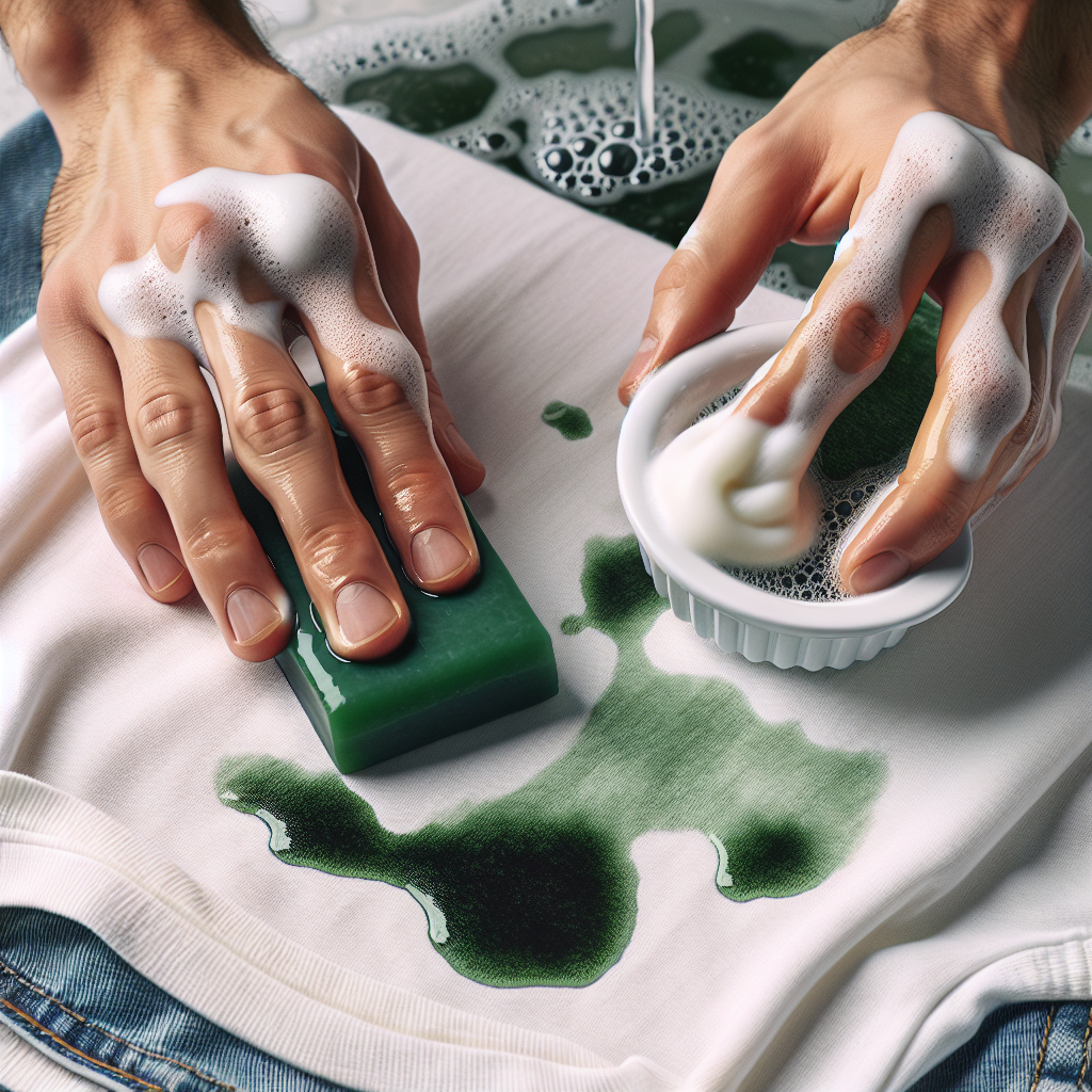 Close-up of hands actively applying a bar of Gallseife (bile soap) or squeezing dish soap directly onto a stubborn dark green pumpkin seed oil stain on a light-colored fabric, like a white t-shirt. Running water is visible, indicating the cleaning process. The scene should convey effectiveness and a helpful remedy, with a bright and clean aesthetic.