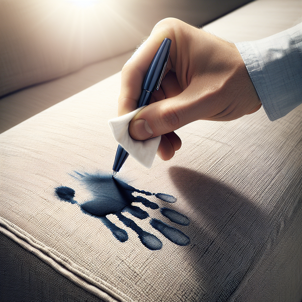 A close-up, high-angle shot of a fresh, dark blue ballpoint pen ink stain on a light-colored fabric sofa. A hand, holding a small white cloth or cotton pad, gently dabs the edge of the stain, with a clear focus on the action. The background is softly blurred. Realistic photography style, bright natural light.