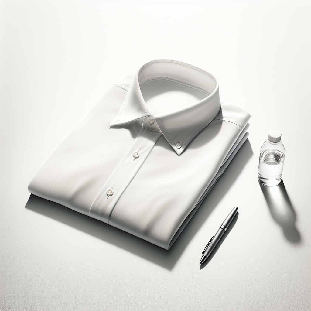 A pristine, perfectly clean white shirt, neatly folded, placed on a bright, minimalist surface. In the soft-focus background, a generic ballpoint pen and a small, unlabeled bottle of clear liquid (suggesting a cleaning agent) are subtly visible, symbolizing the solution to a past problem. Bright, airy aesthetic with subtle shadows, conveying a sense of cleanliness and success.