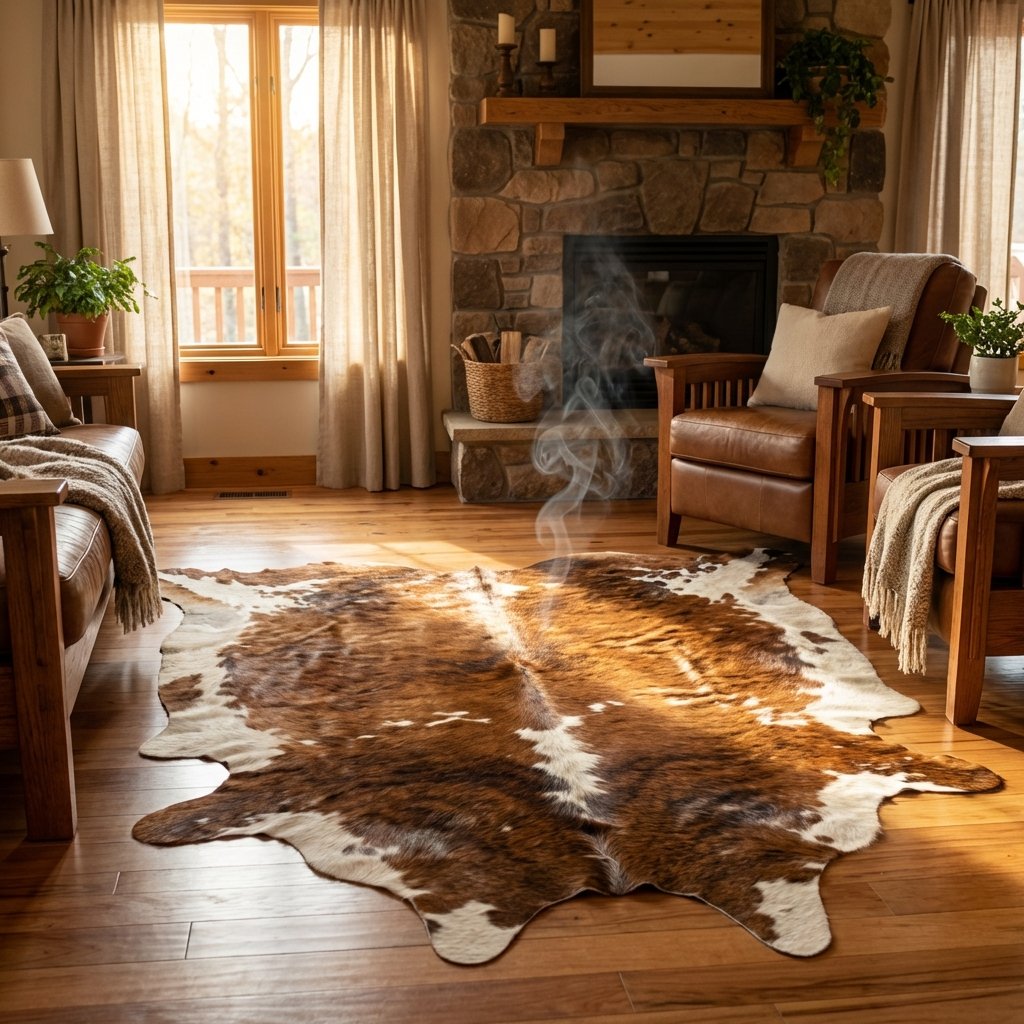 A professional photo capturing a luxurious cowhide rug spread across a warm, inviting living room floor. Sunlight streams gently through a window, illuminating the textured surface of the rug. From the center of the cowhide, a very subtle, transparent wisp of grayish, unpleasant-looking vapor subtly curls upwards, almost imperceptible but clearly indicating an unseen odor. The overall aesthetic should convey rustic charm contrasted with the hint of an unwelcome smell, setting the scene for problem-solving.