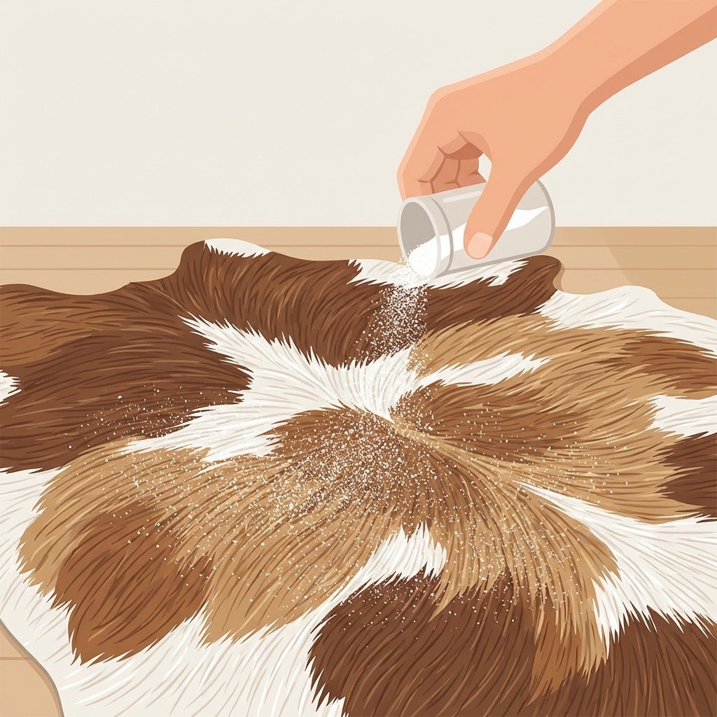 A bright, clean flat illustration showing a close-up of a textured cowhide rug. A human hand, positioned from the top-right, is gently sprinkling a fine, white powder (representing baking soda) evenly across the surface of the cowhide. The powder should be subtly visible as it settles onto the individual hairs of the rug. The background should be simple and uncluttered, allowing the focus to remain on the action and the materials. The overall mood should be practical and instructive, highlighting an effective cleaning step.