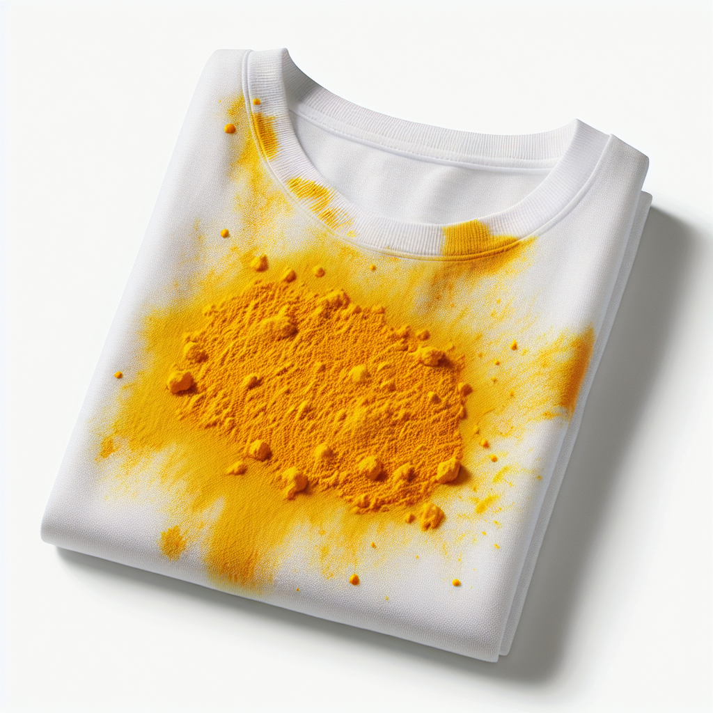 A very prominent, vibrant yellow turmeric stain on a pristine white kitchen towel or t-shirt, appearing stubborn and deeply set, with a slight texture of the fabric visible. Realistic, high-detail photograph.