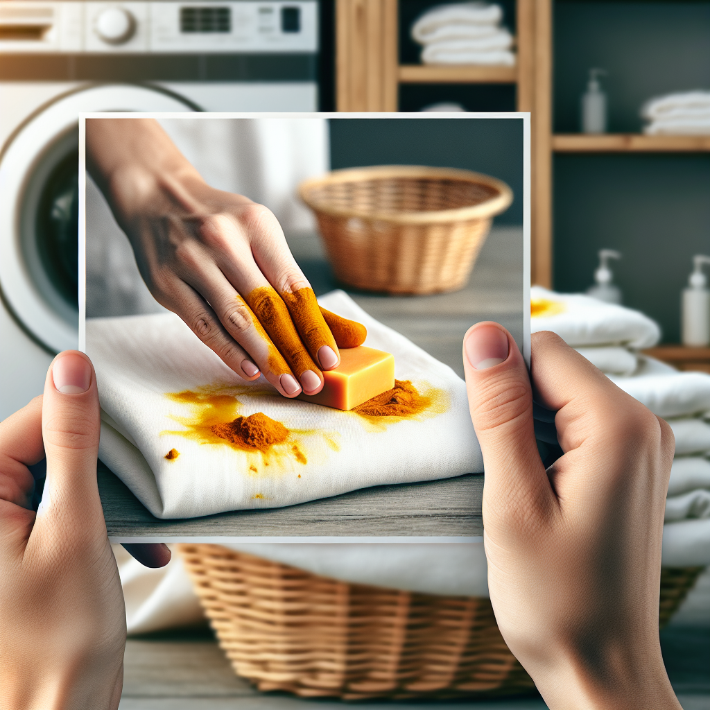 Close-up of hands gently rubbing Gallseife (gall soap) onto a small yellow turmeric stain on a piece of white clothing, with a blurred background of a laundry area. The scene conveys a sense of effective cleaning and care. Realistic, well-lit photograph.