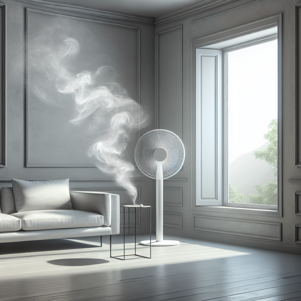A modern, minimalist living room with freshly painted light grey walls. Subtle, almost translucent wisps of unpleasant paint fumes are visibly rising from the walls, indicating a strong odor. A large window is wide open, letting in bright natural light and a gentle breeze. A sleek, white floor fan is positioned near the window, actively circulating air to combat the fumes. The scene conveys effective ventilation to remove paint odor. Realistic, bright, and clean aesthetic.