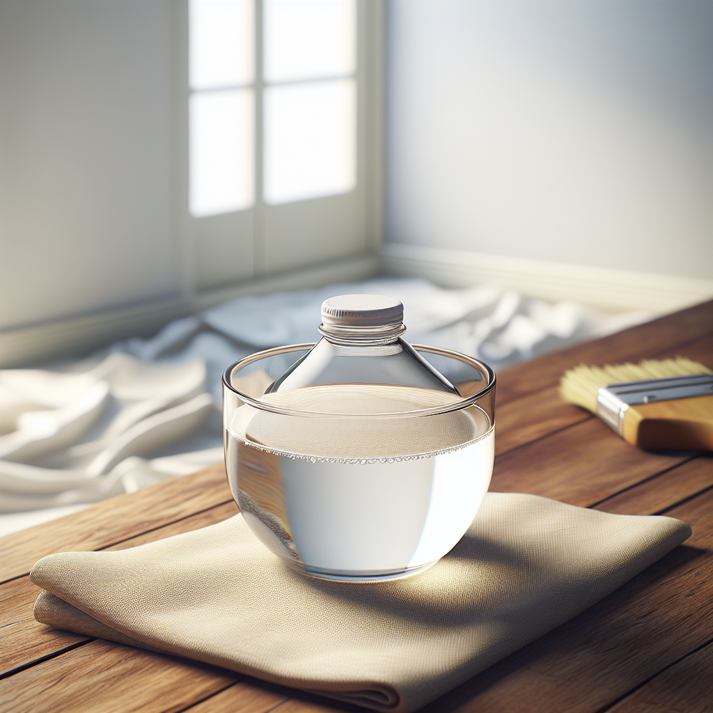 A close-up, eye-level shot of a small, clear glass bowl filled with white vinegar, placed on a polished wooden surface. In the softly blurred background, a freshly painted white wall and a subtly opened window are visible, suggesting a recently painted room and the act of airing it out. The scene emphasizes a simple, natural home remedy to neutralize paint smells. Bright, natural lighting, sharp focus on the bowl, realistic photography style.