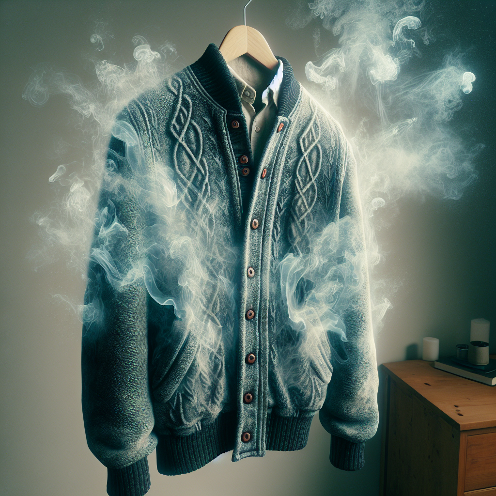 A close-up, realistic photo of a person's jacket and sweater, hanging indoors in a slightly dim room, with subtle, ethereal smoke tendrils still visibly clinging to the fabric, conveying a persistent, unpleasant bonfire smell. The texture of the clothes should look like they've absorbed the smoke.