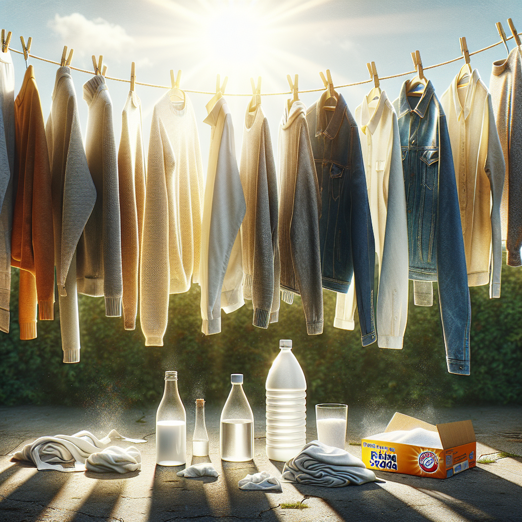 A bright, realistic photo of various clothes (jackets, sweaters, jeans) hanging on a clothesline outdoors on a sunny, breezy day. Sunlight brightly illuminates the fabric, gently swaying in the fresh air, evoking a strong sense of cleanliness and purity, completely free of any smoke smell. A bottle of white vinegar and an open box of baking soda are subtly placed on a nearby surface.