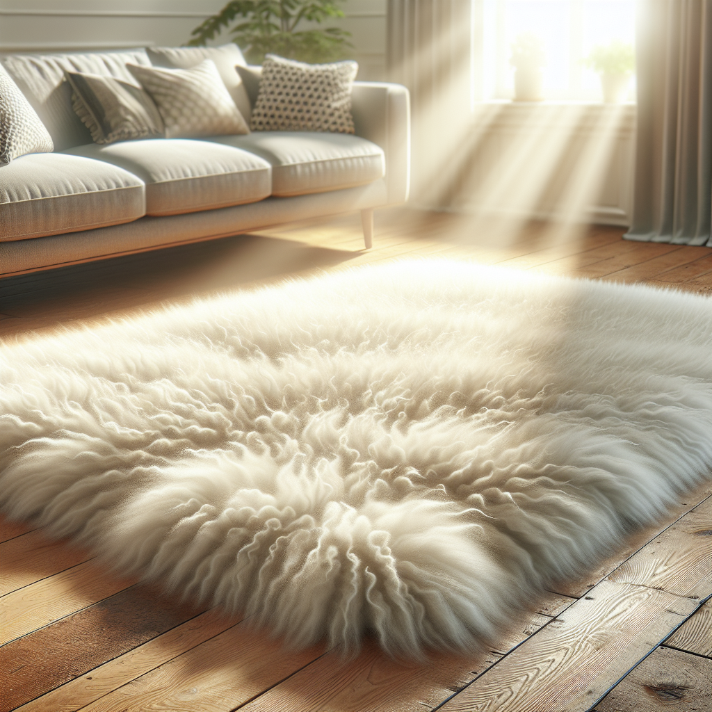A luxurious, fluffy sheepskin rug in a cozy living room. One half of the sheepskin appears slightly dull or has a faint, subtle aura of a stale smell, while the other half is visibly brighter, cleaner, and looks fresh and inviting. Sunlight streams into the room, emphasizing cleanliness and comfort. High quality, realistic style.