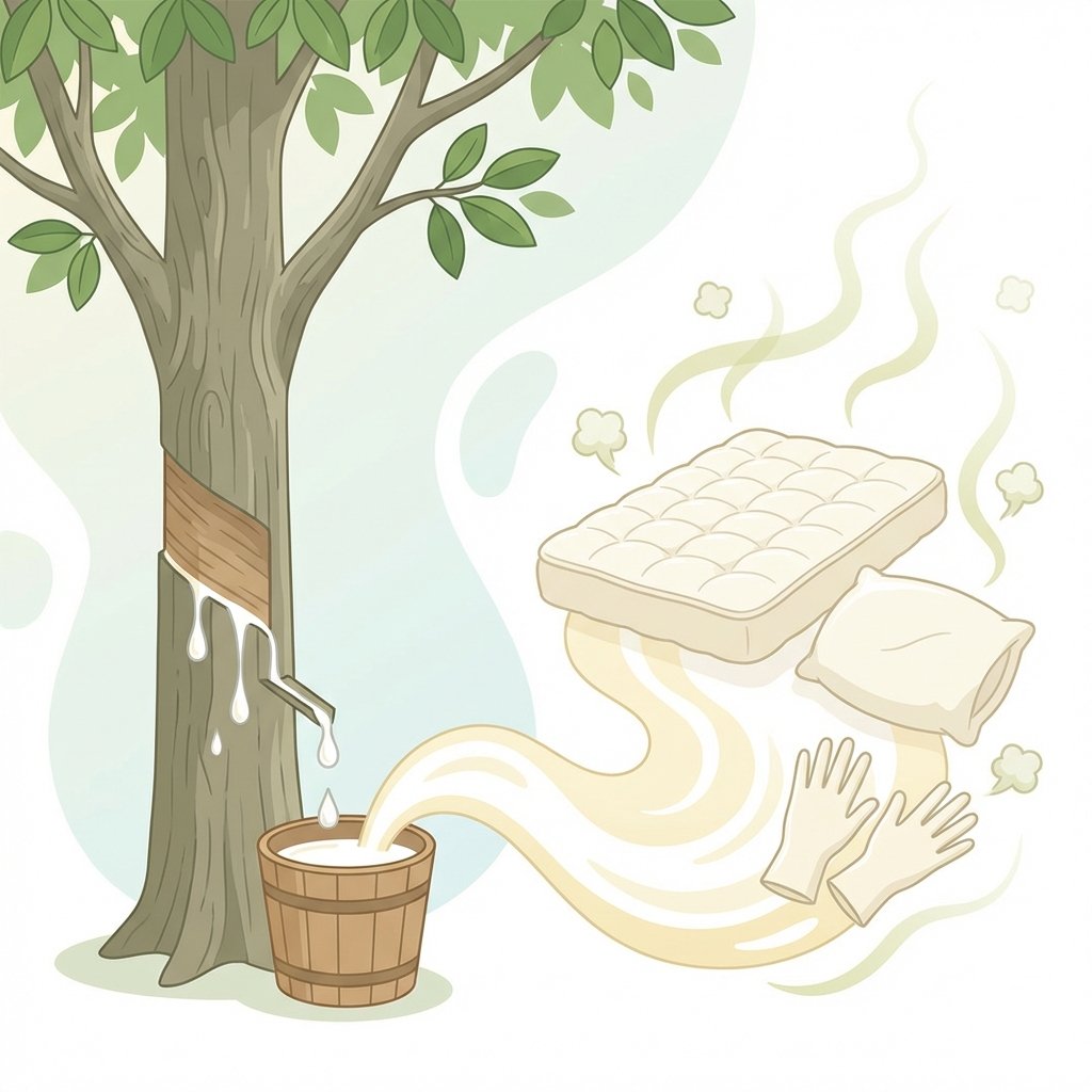 A detailed flat illustration depicting the origin of natural latex and its characteristic odor. On one side, a stylized Kautschukbaum (rubber tree) with milky white sap dripping into a collection bucket. From the sap, an abstract flow leads to various common latex products like a mattress, a pillow, and a pair of gloves, all rendered in a clean, minimalist style. From these products, faint, wavy, greenish-yellow lines or small, stylized 'cloud' elements emanate, subtly representing the unpleasant smell. The background is light and airy, emphasizing the natural origin and the pervasive odor.