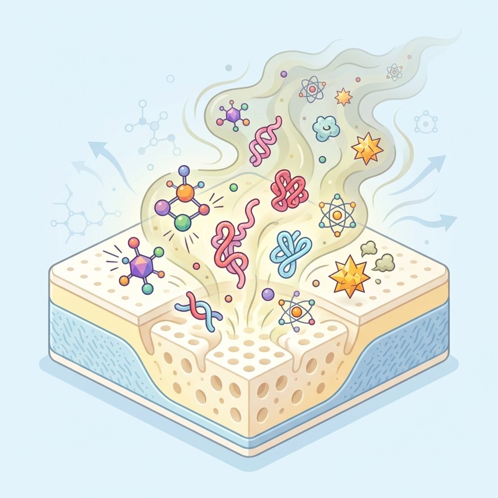 A vibrant, clean infographic-style illustration that visually explains the 'why' behind strong latex odors. The central element is a stylized cross-section of a latex product (e.g., a mattress corner or a rubber toy). From within the material, various colorful, abstract microscopic elements representing 'VOCs,' 'proteins,' and 'sulfur compounds' are depicted actively escaping or emanating outwards in a dynamic flow. These escaping elements coalesce into a faint, unpleasant-looking vapor cloud or wavy lines above the product, signifying the strong smell. The background should be simple and modern, highlighting the scientific explanation of the odor.