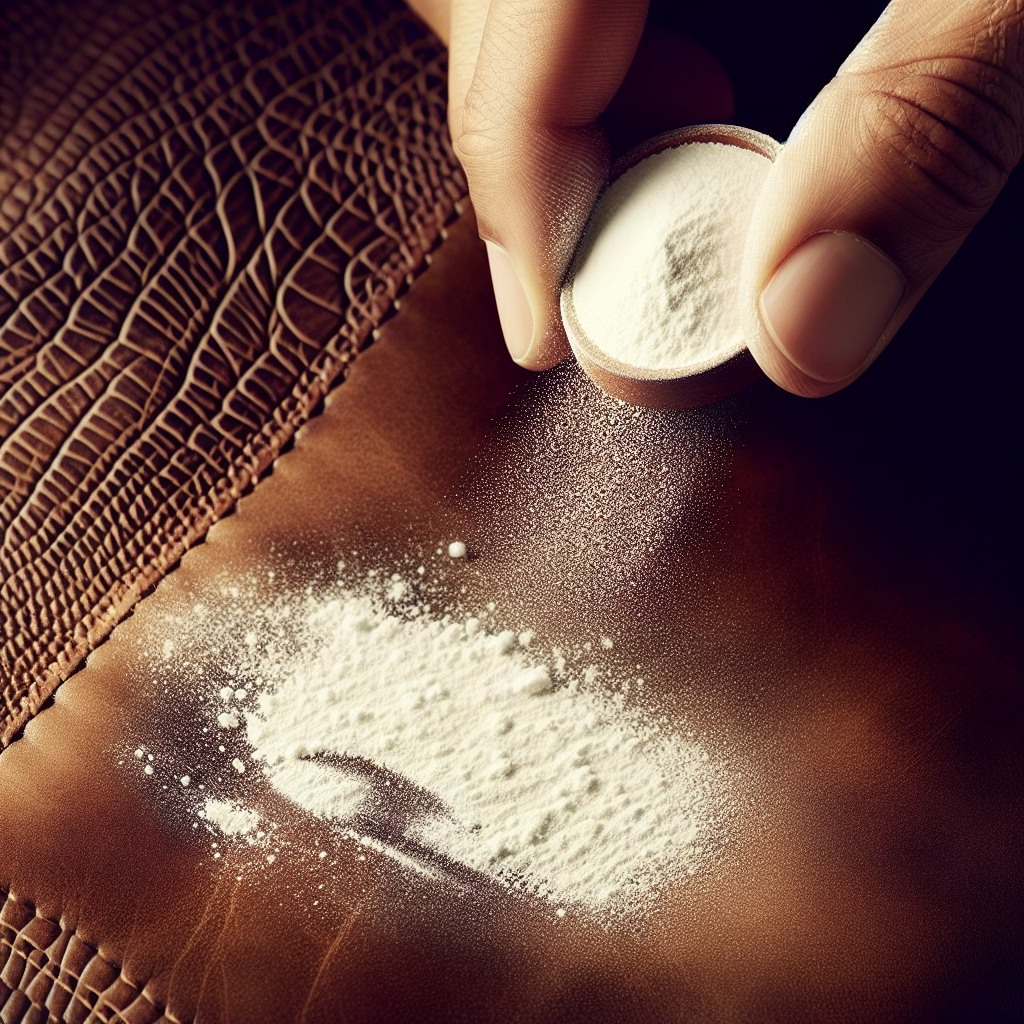 A close-up shot of a hand gently sprinkling white powder (like babypowder or potato starch) onto a fresh, dark grease stain on a piece of light-colored leather. The leather surface shows subtle texture, and the focus is on the action of applying the powder, conveying a helpful, practical cleaning tip. Soft, natural lighting.