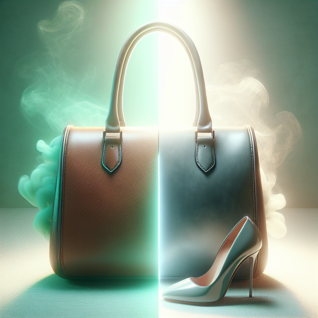 A stylish, high-quality leather item (e.g., a handbag or a pair of elegant shoes) split down the middle. One half visually emits a subtle, unpleasant, almost murky grey or green haze symbolizing a bad smell. The other half radiates a clean, fresh, light blue or white glow, symbolizing a pleasant, clean scent. The background is minimalistic and bright. Photorealistic, soft lighting.