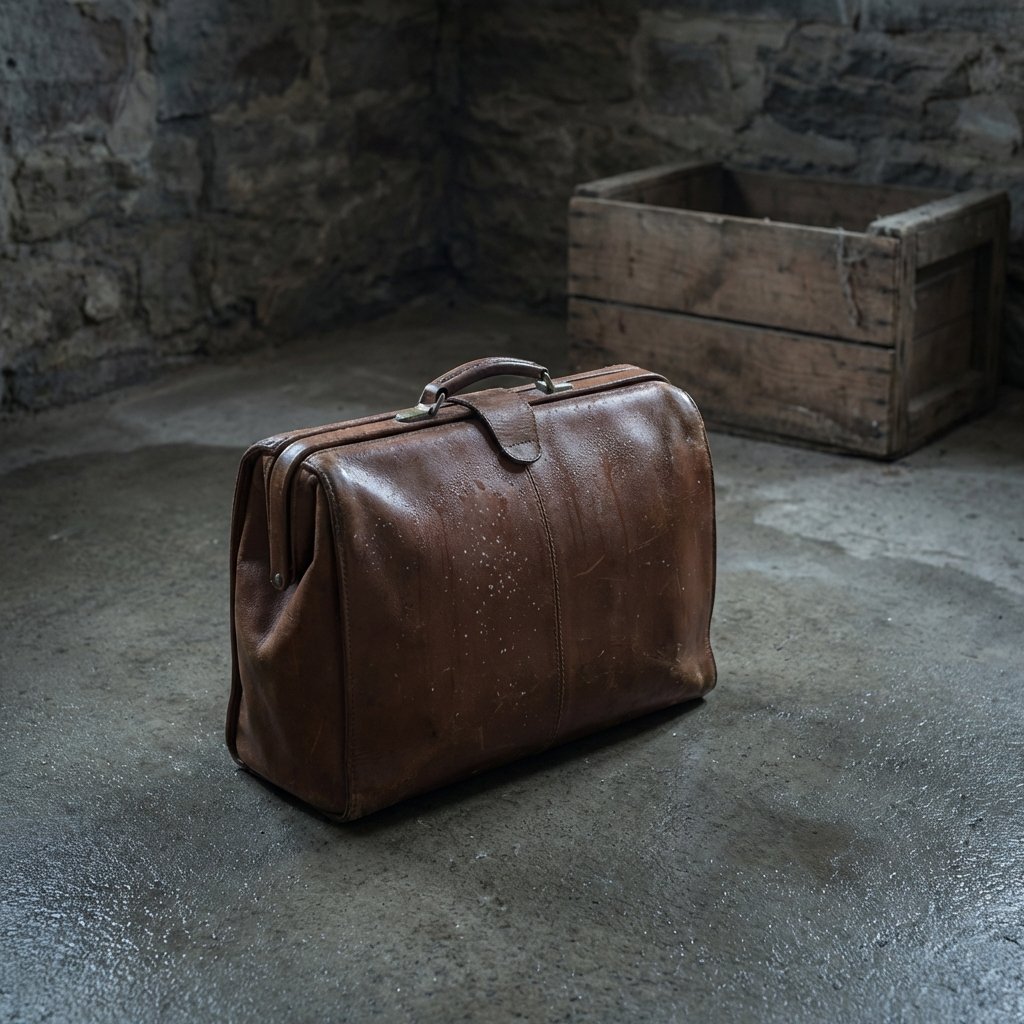 A professional photo depicting the source of leather basement smell. A vintage leather briefcase or jacket is positioned on a slightly damp, grey concrete basement floor in a dimly lit corner. There are subtle visual cues of moisture, such as a faint sheen on the floor and a slight condensation effect around the leather. A few tiny, barely visible specks of mold or mildew could be subtly integrated onto the leather's surface, conveying a sense of dampness and neglect. The overall atmosphere is slightly gloomy but realistic.