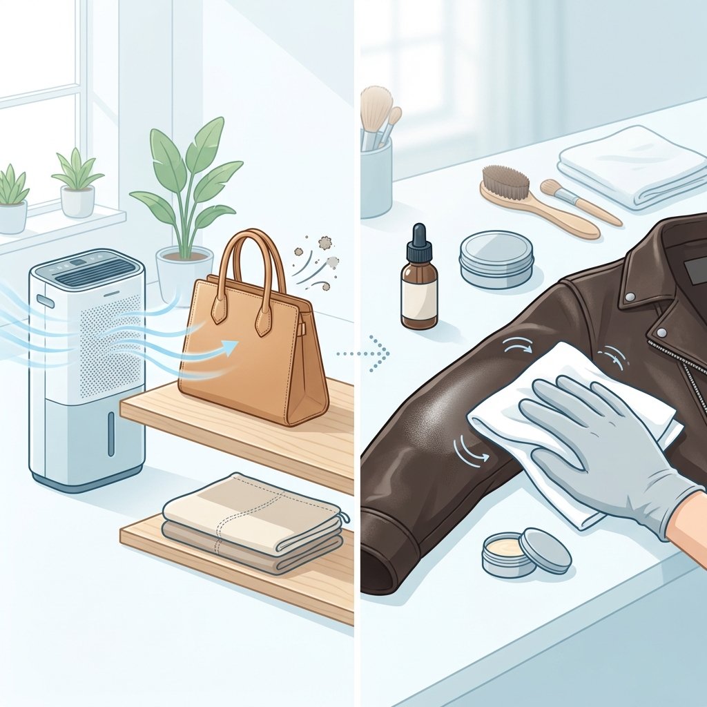 A clean infographic-style illustration demonstrating best practices for leather storage and cleaning. On one side, a pristine leather handbag is shown resting on a clean, elevated wooden shelf, with a stylized, modern dehumidifier nearby and subtle airflow lines indicating good ventilation. On the other side, a close-up of a hand in a soft glove is gently wiping down a section of a leather jacket with a clean, dry cloth. The background is bright and airy, symbolizing a well-maintained environment.