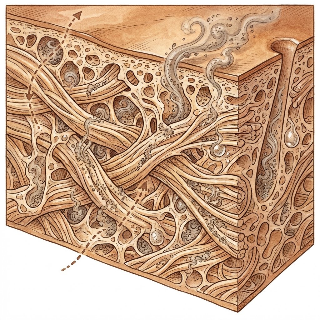 A detailed cross-section diagram of leather material, emphasizing its porous nature. Tiny, swirling smoke-like particles are deeply embedded within the intricate network of collagen fibers and natural oils. Show the particles clinging to the fibers and within the small hollows, illustrating their deep penetration. The illustration should visually explain why smoke odor is so persistent in leather. Use a scientific, diagrammatic illustration style with warm, earthy tones for the leather and subtle grey/brown hues for the smoke particles, creating a clear visual explanation for a blog.